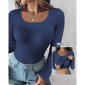 Chic Me Long Sleeve Built-in Shelf Bra T Shirt Women's Med Blue Ribbed Knit New